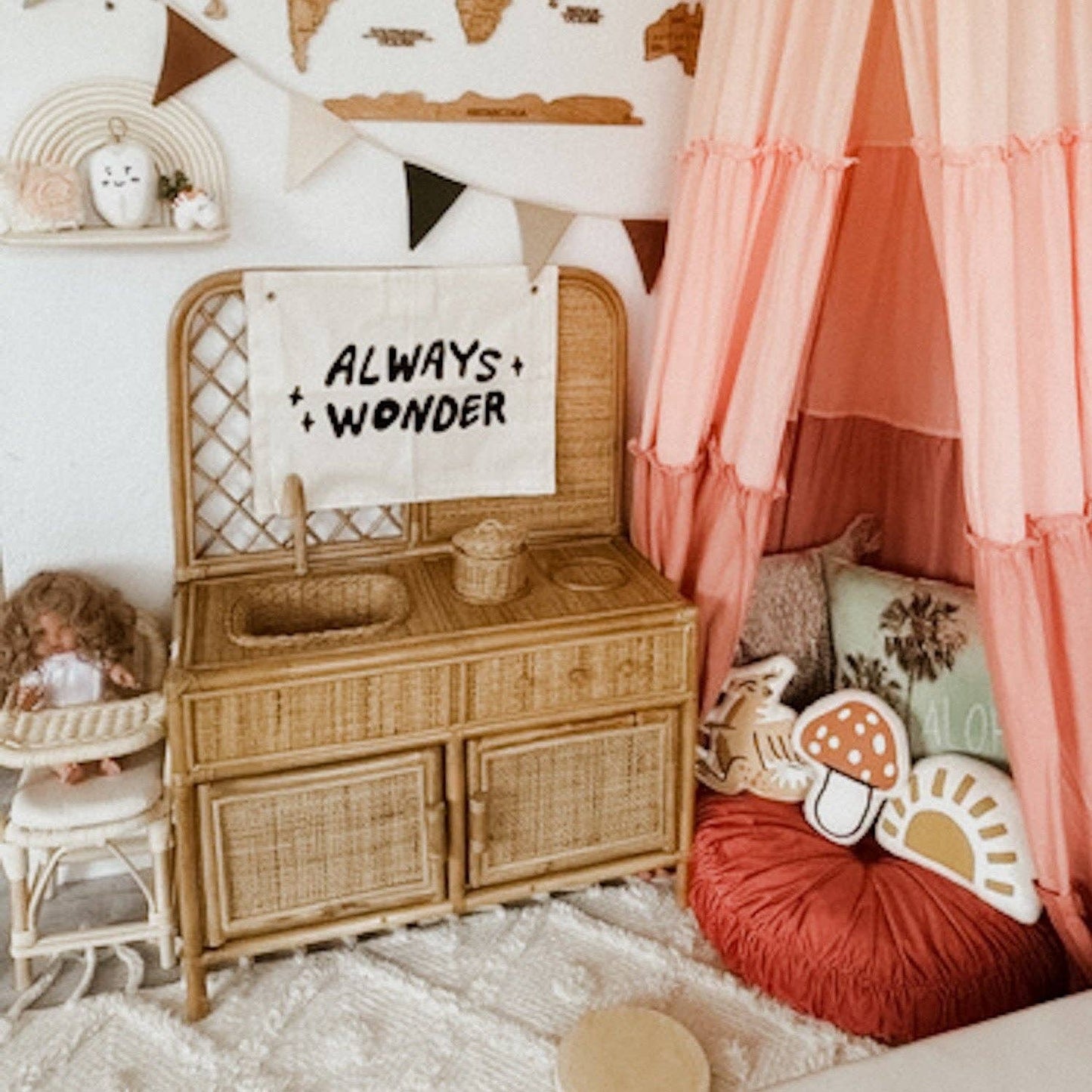 Handmade Always Wonder kids room wall decor screen printed on natural canvas close up