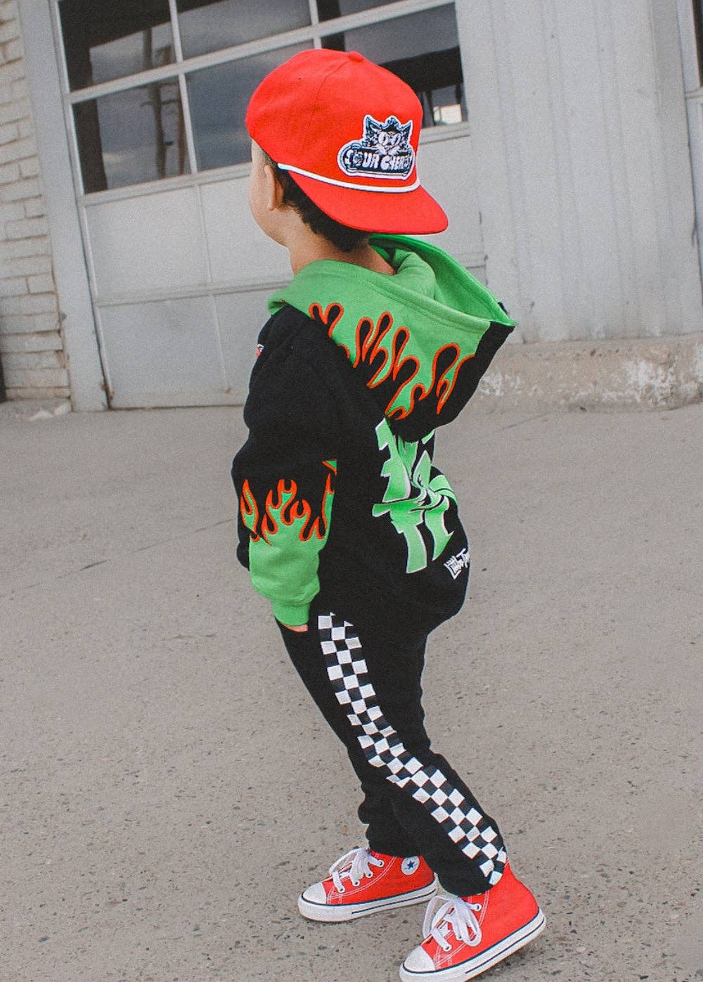 Fuel the Fun kids hoodie full length outfit styling view