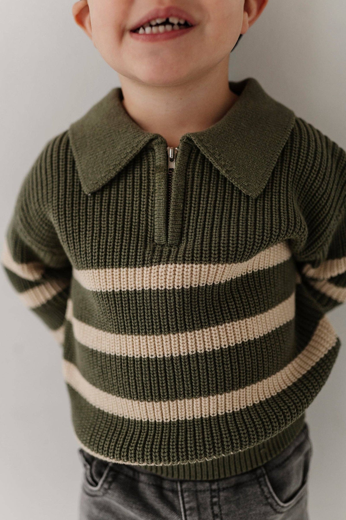 Boys striped quarter zip sweater in moss