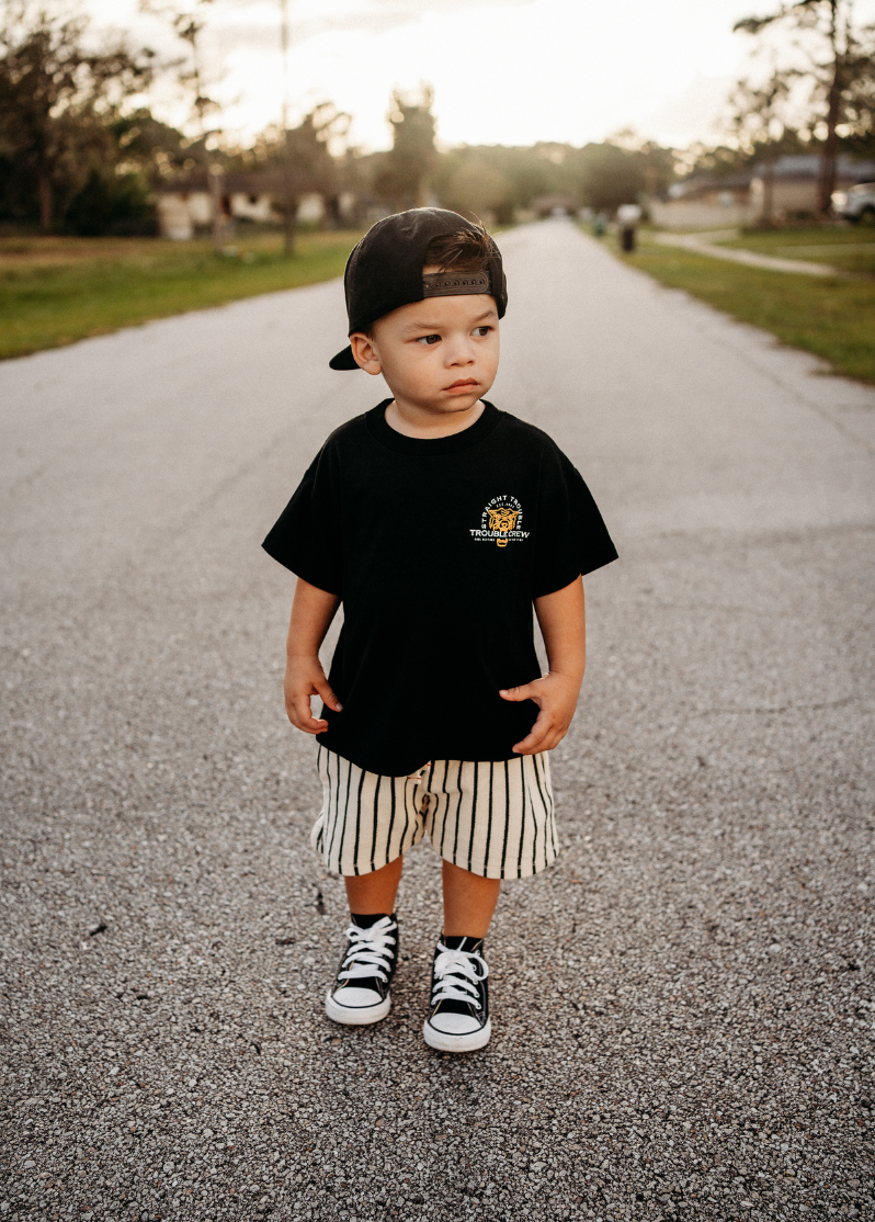 Kids Trouble Crew t-shirt in Oeko-tex certified bamboo cotton blend lifestyle view