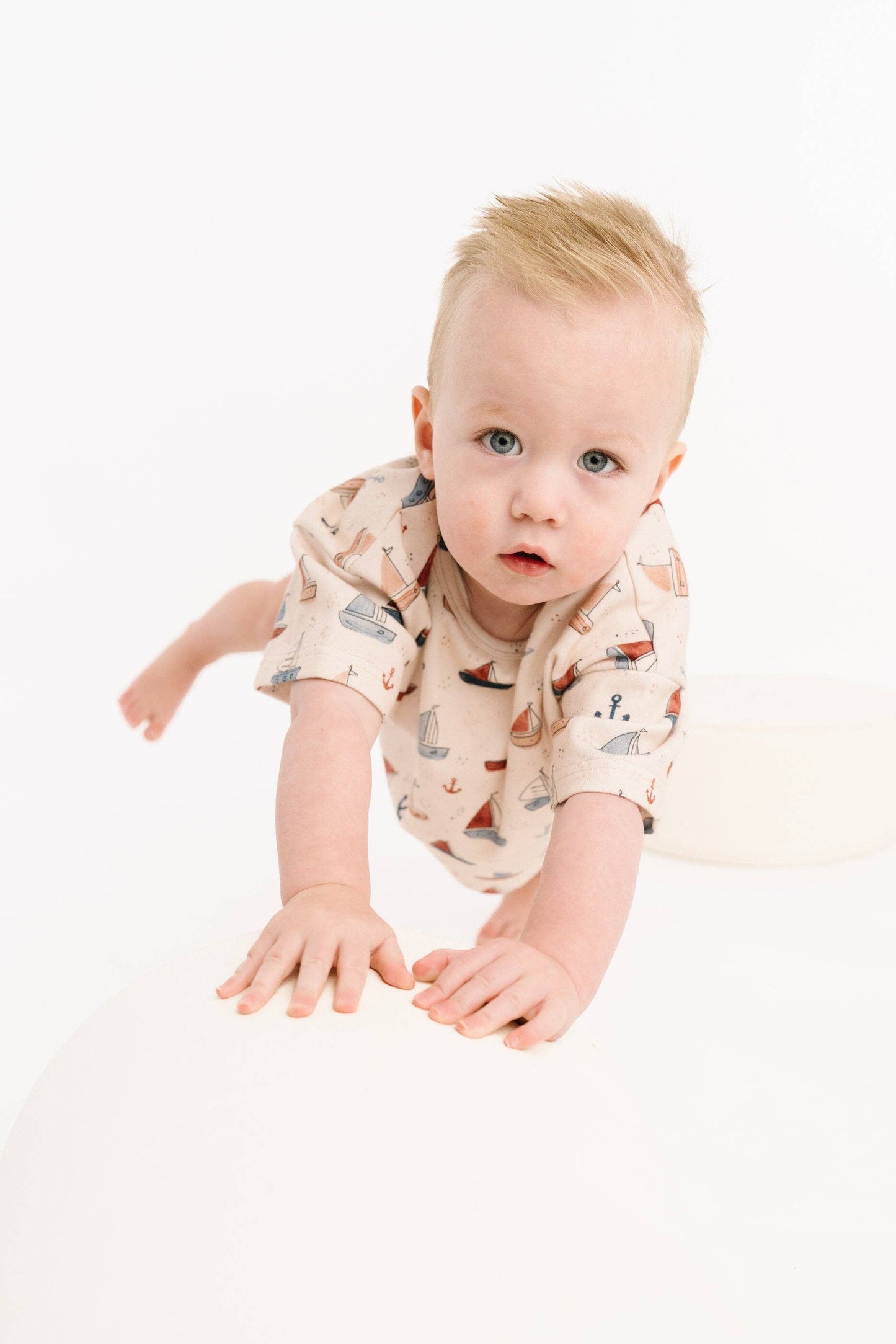 Nautical sail kids two piece set close up fabric and print detail