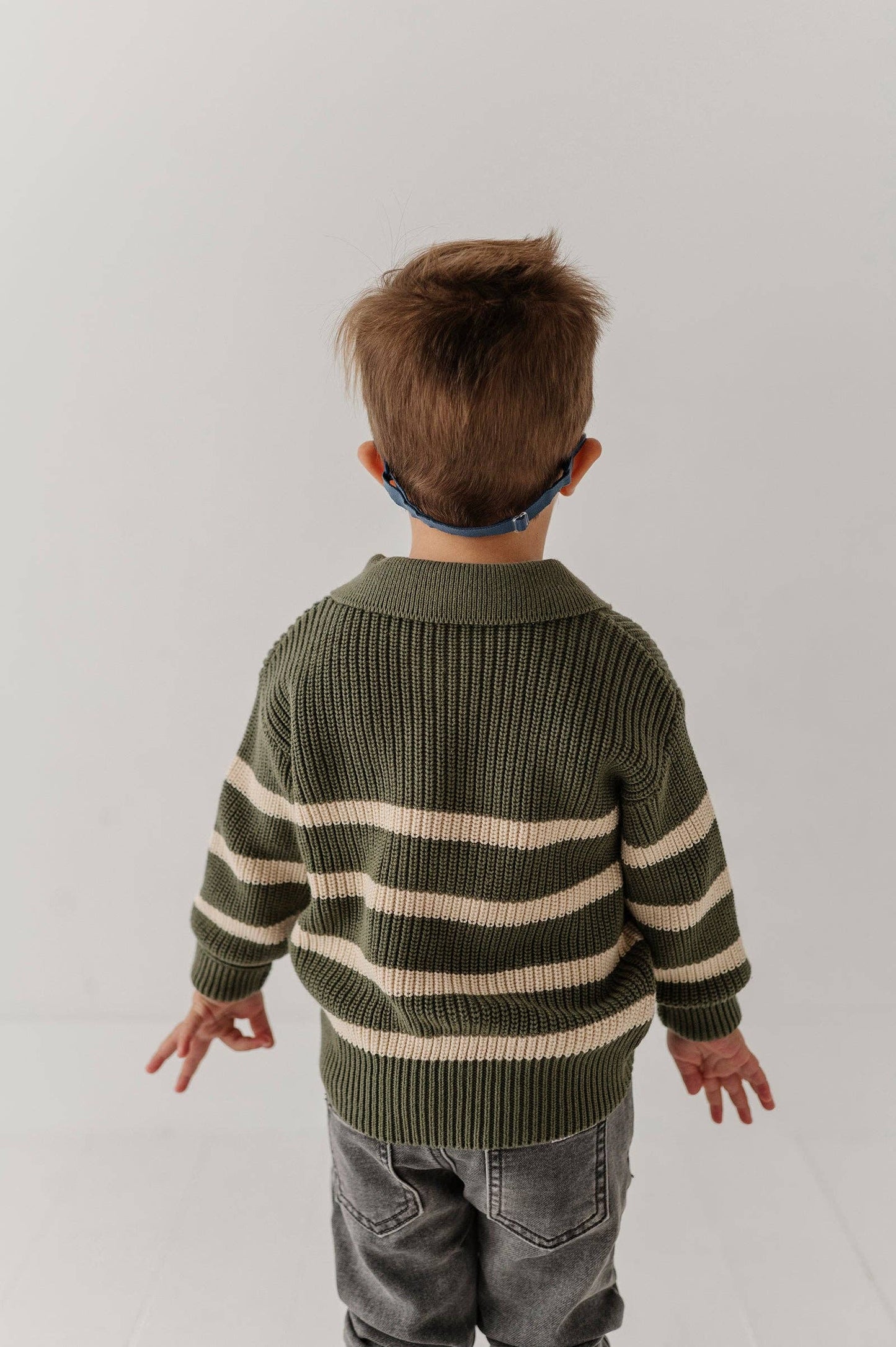 Boys striped quarter zip sweater in moss