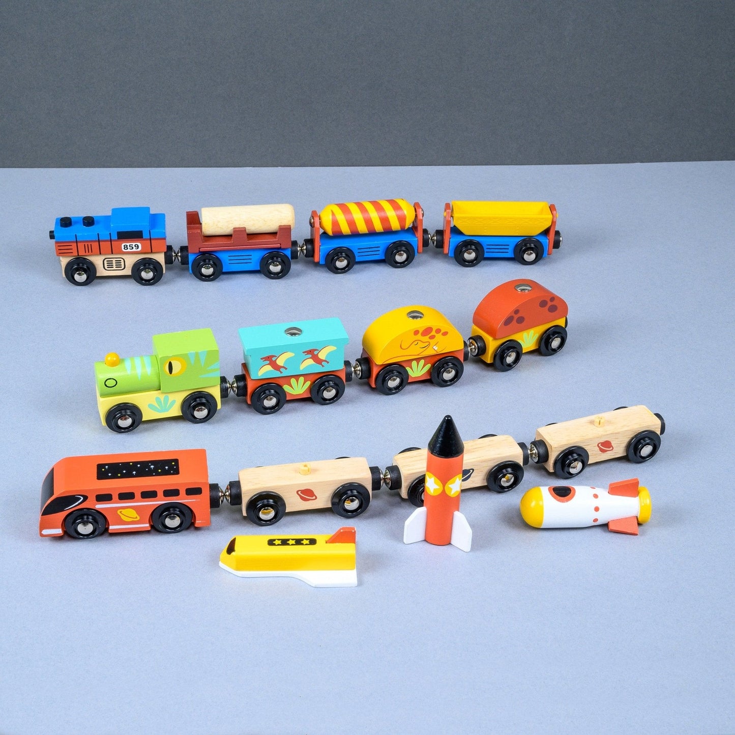 Kids adventure trains wooden set packaging view