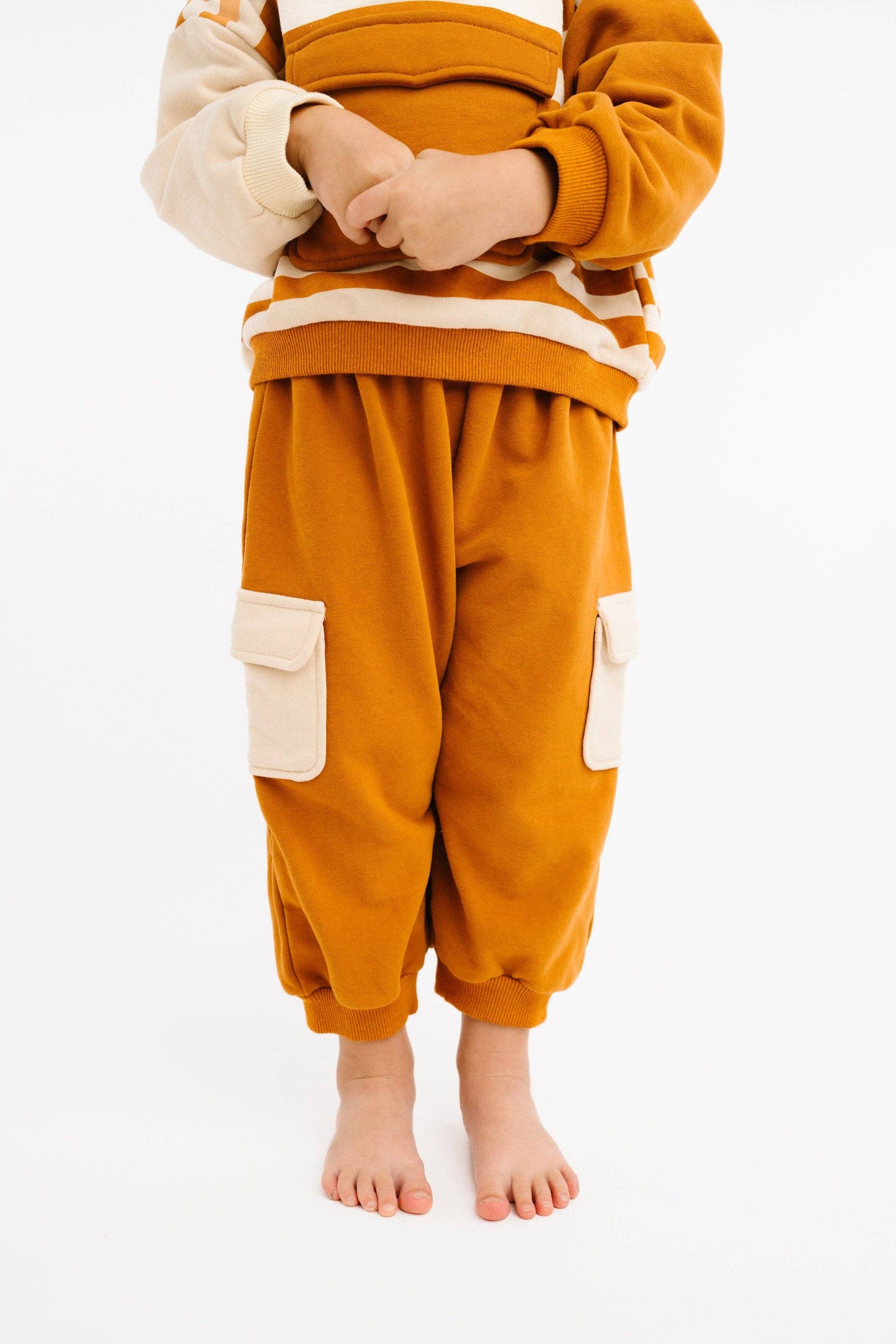 Kids cinnamon retro sweatsuit close up soft cotton fabric detail