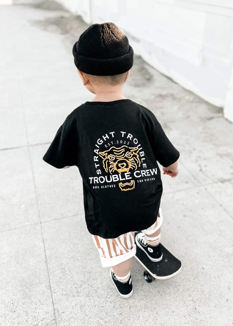 Boys oversized Trouble Crew tee with 3D puff print detail close up