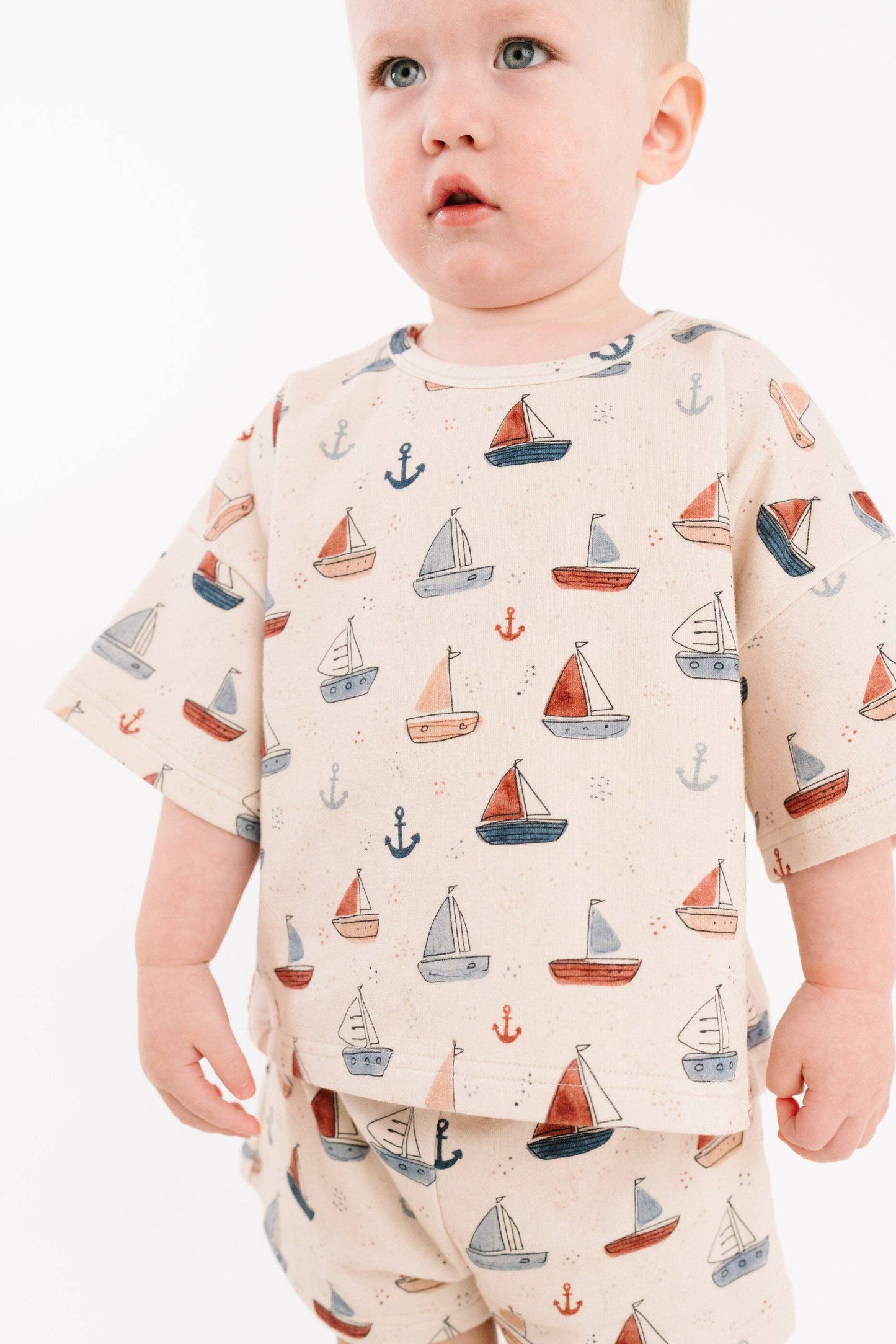 Kids nautical print slouchy set with oversized sweatshirt and shorts lifestyle view
