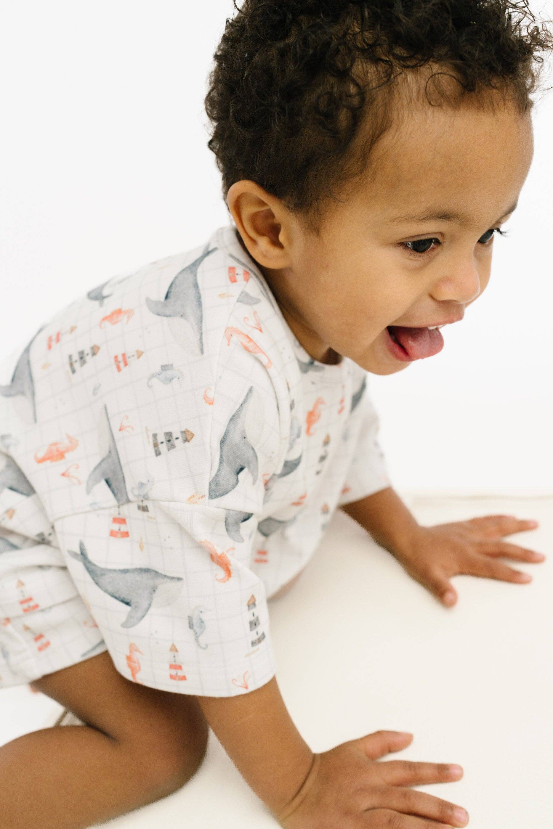 Ocean explorer slouchy kids set close up fabric and print detail