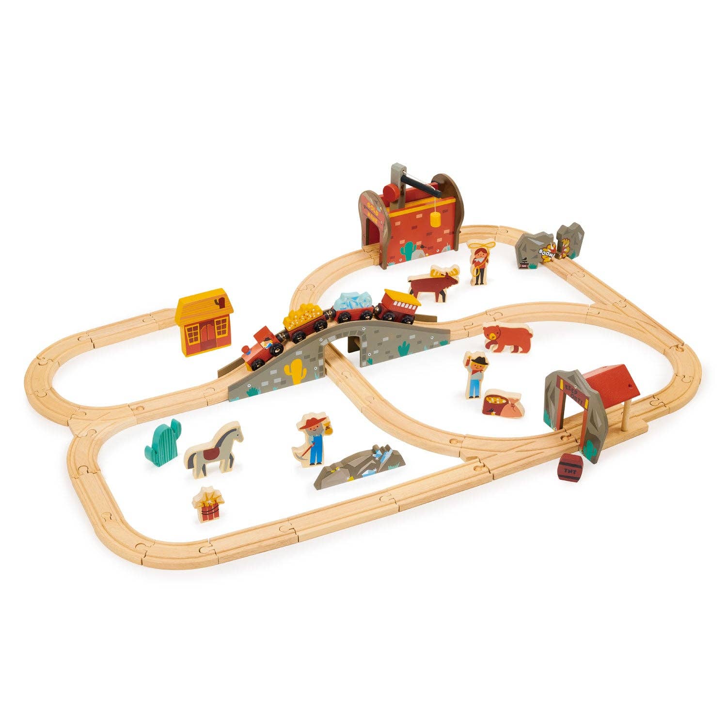 Wooden gold mine train set for kids imaginative railway play front view