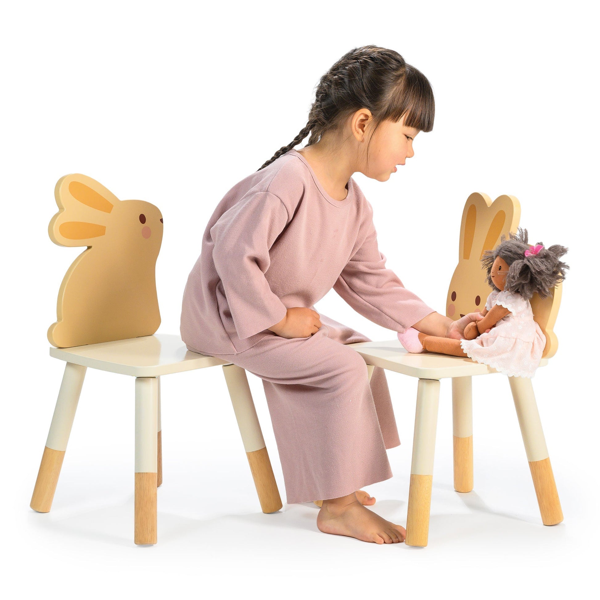 Kids wooden bunny table and chair set flat lay product view