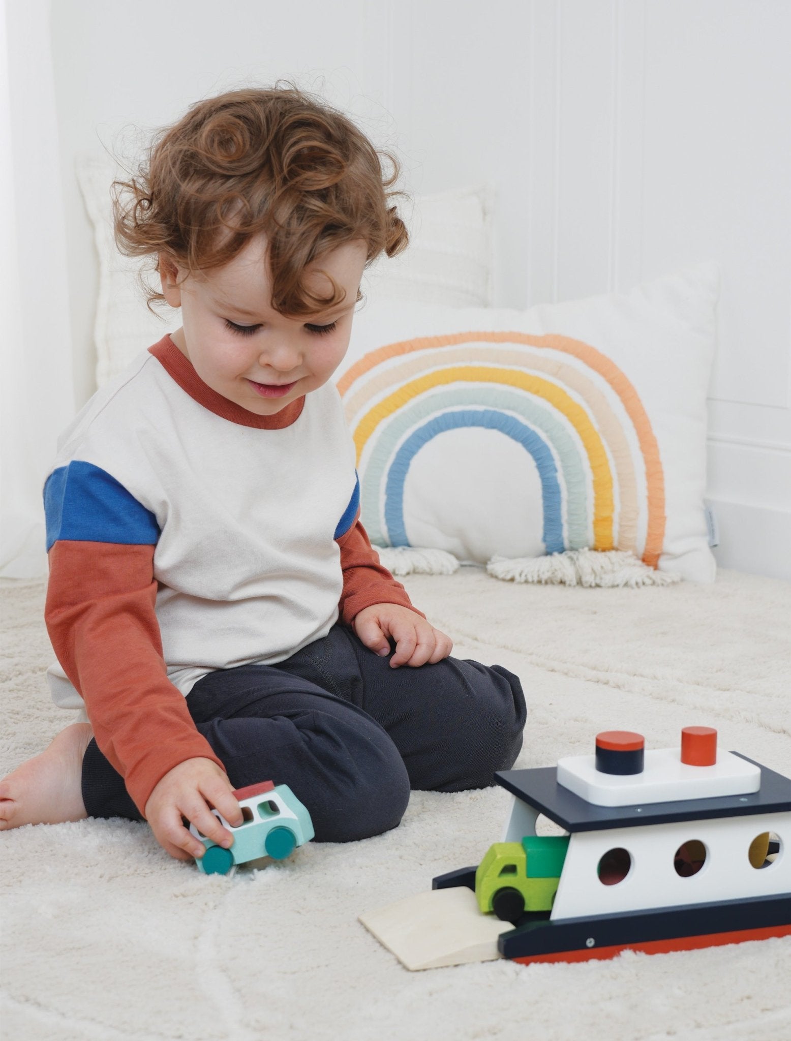 Wooden car ferry toy flat lay product view