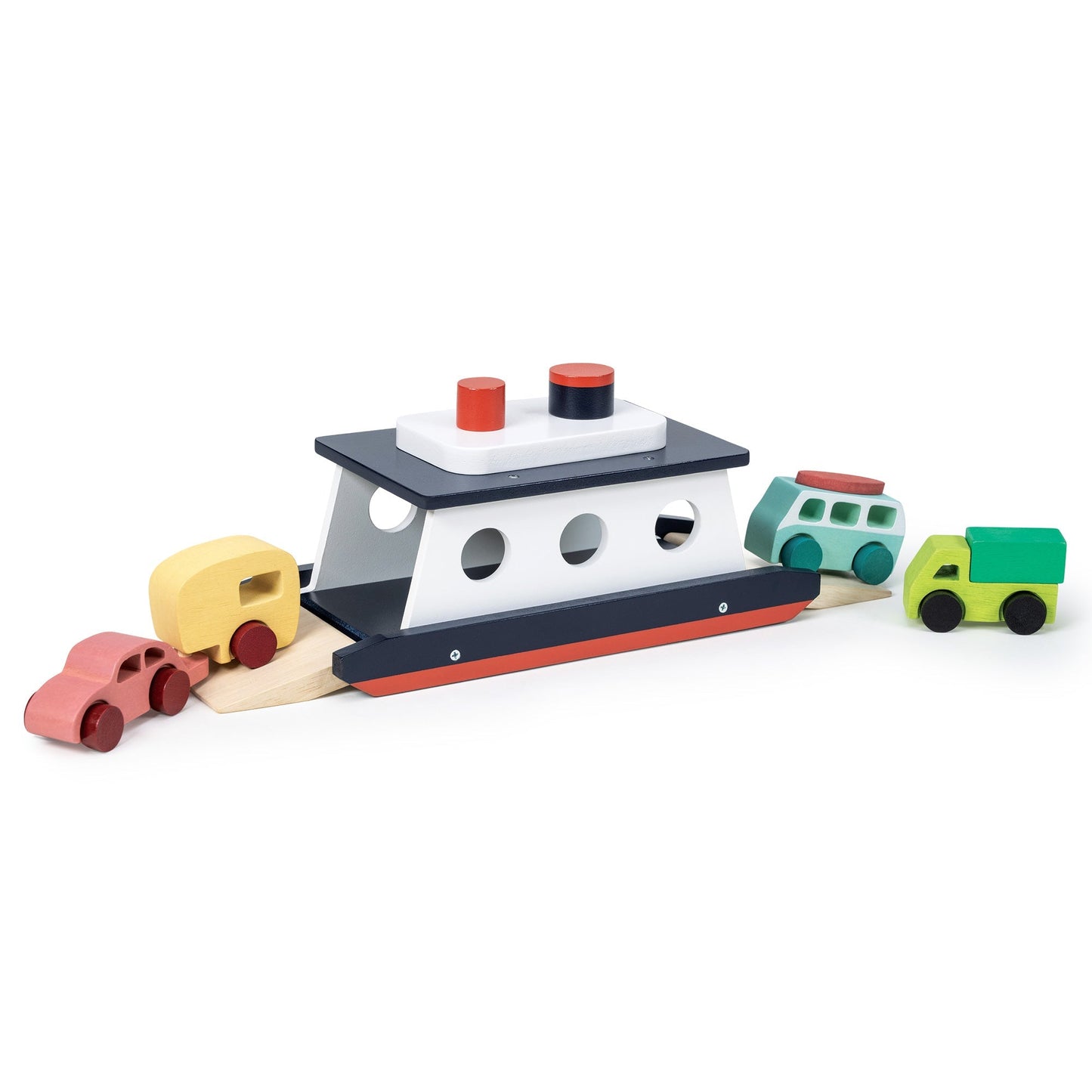 Wooden car ferry toy close up ramp and car detail