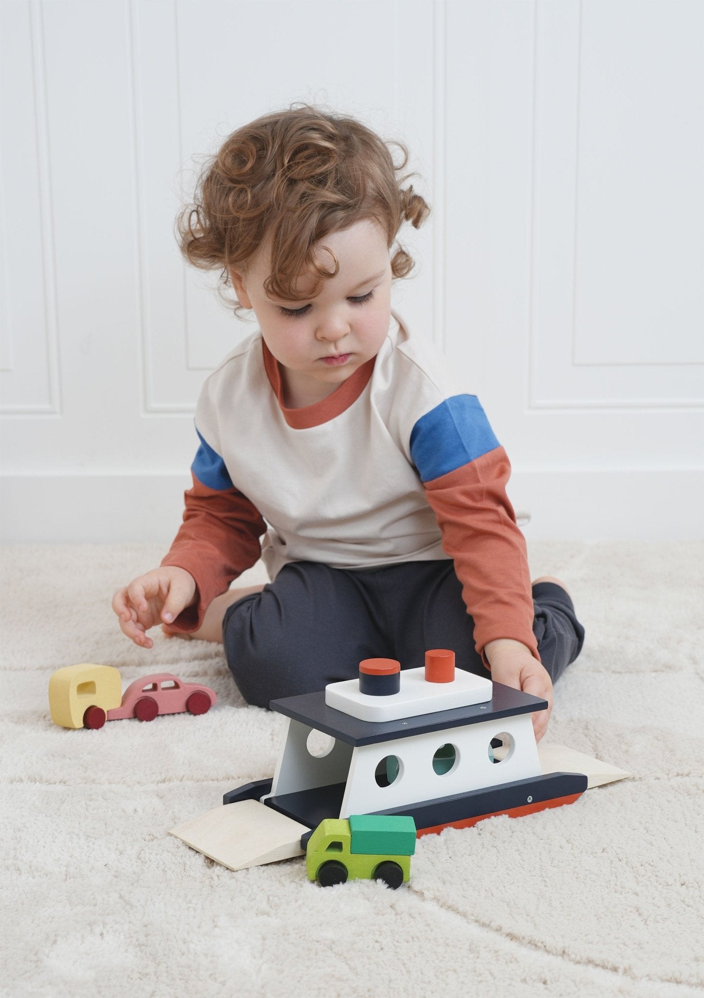 Kids car ferry wooden toy with cars loaded view