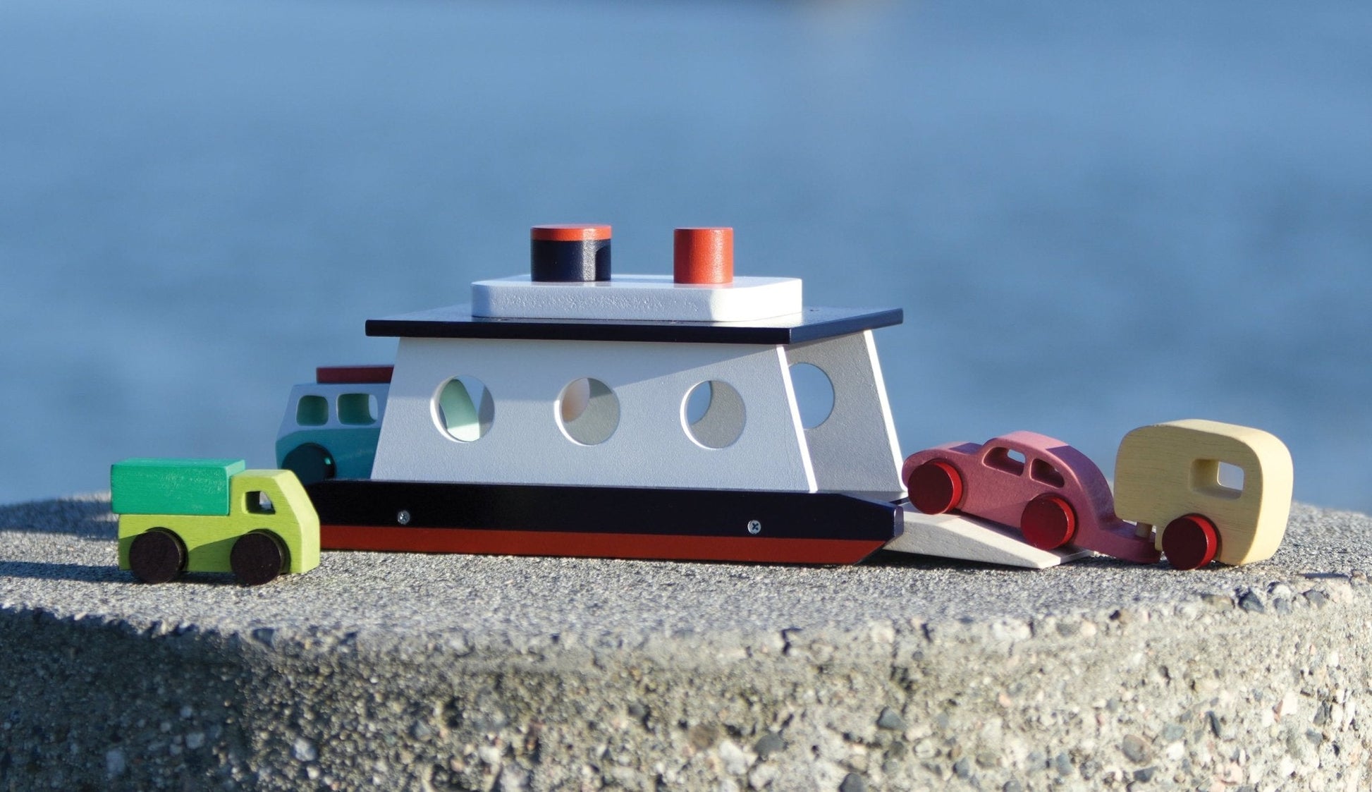 Kids wooden car ferry full contents spread view