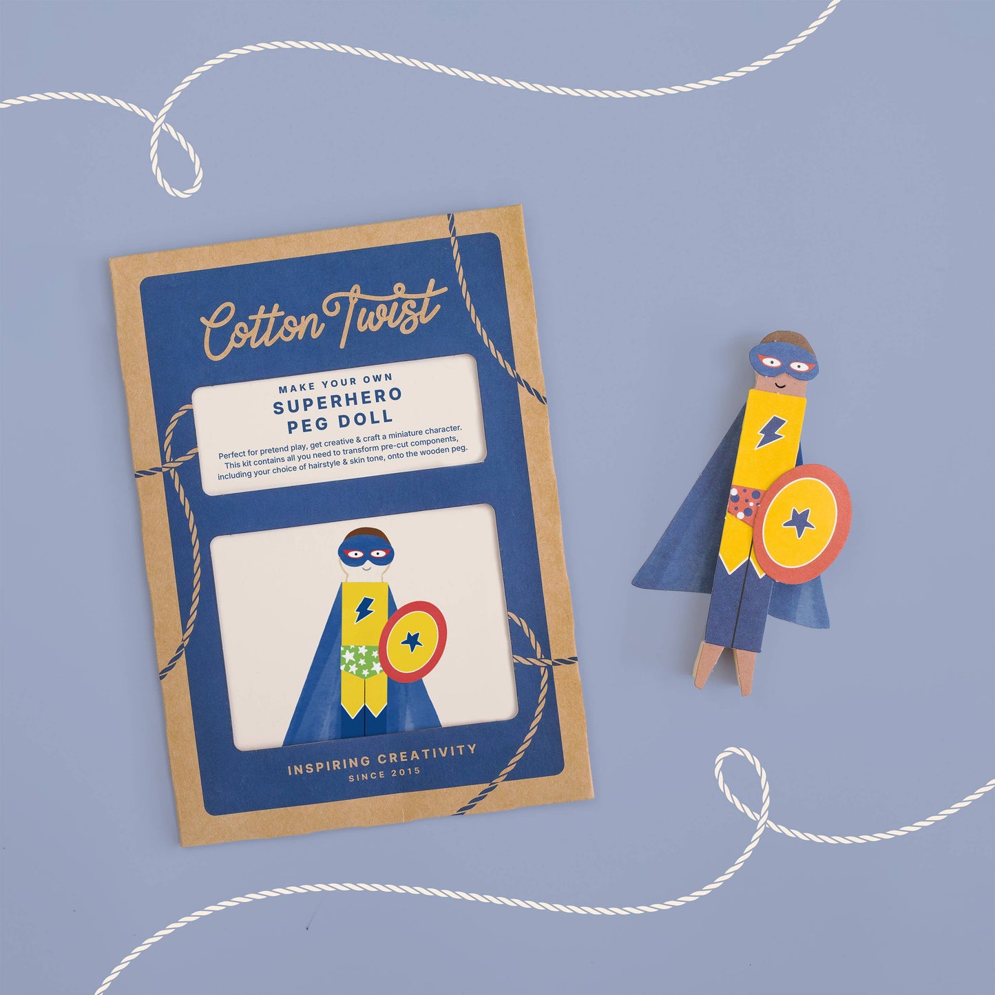 Make your own superhero peg doll craft kit for kids front view