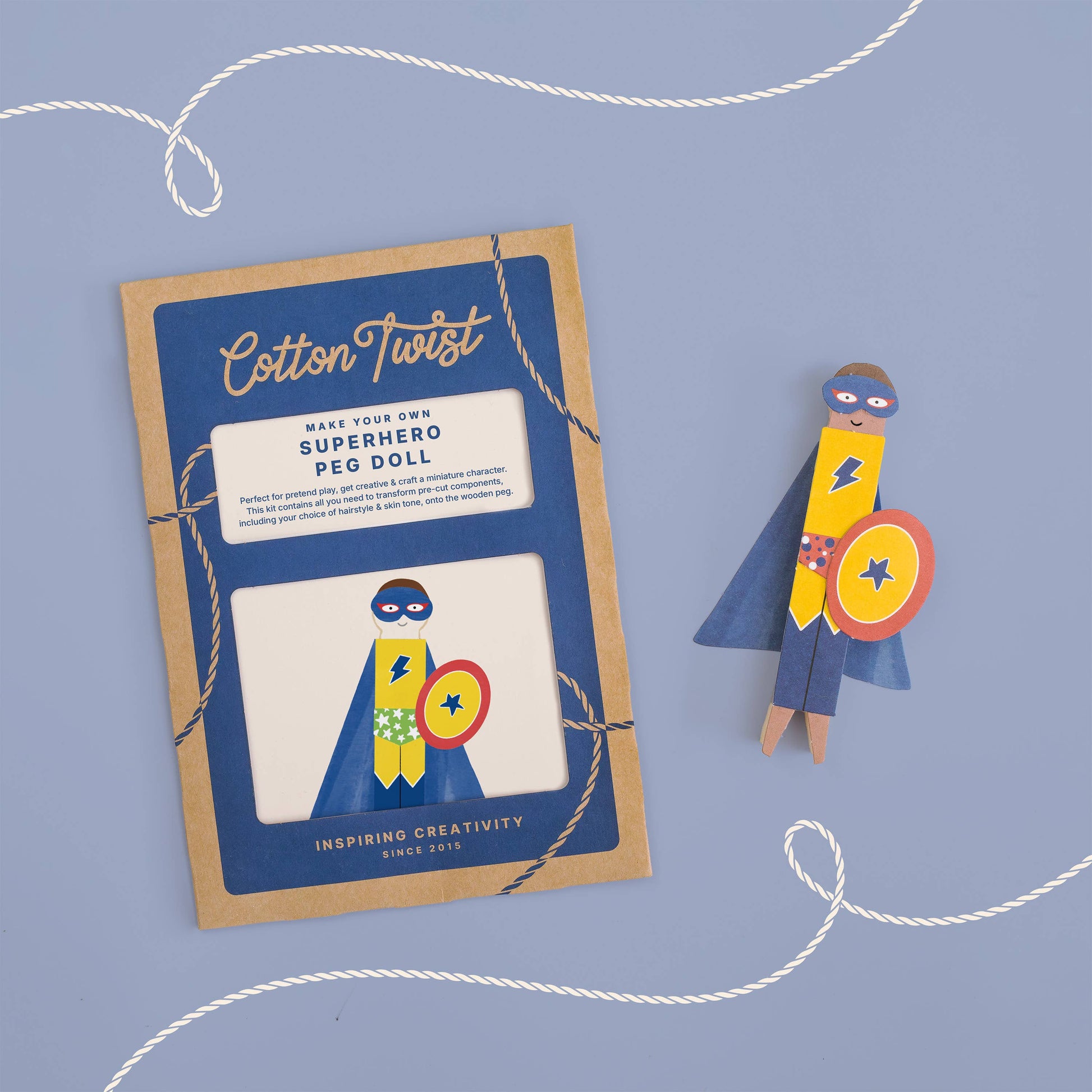 Make your own superhero peg doll craft kit for kids front view