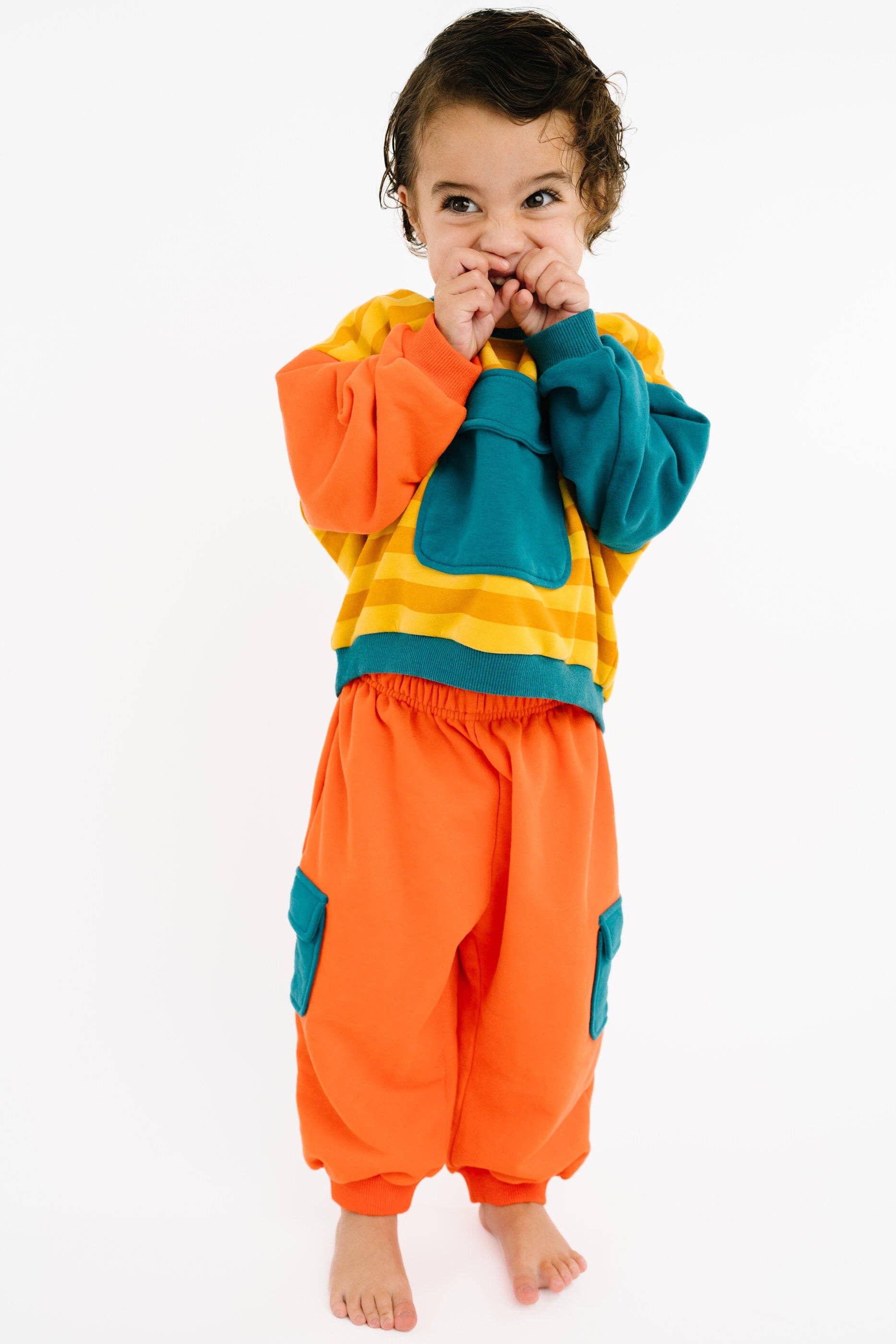 Boys bright retro sweatsuit with snug elastic waistband back view