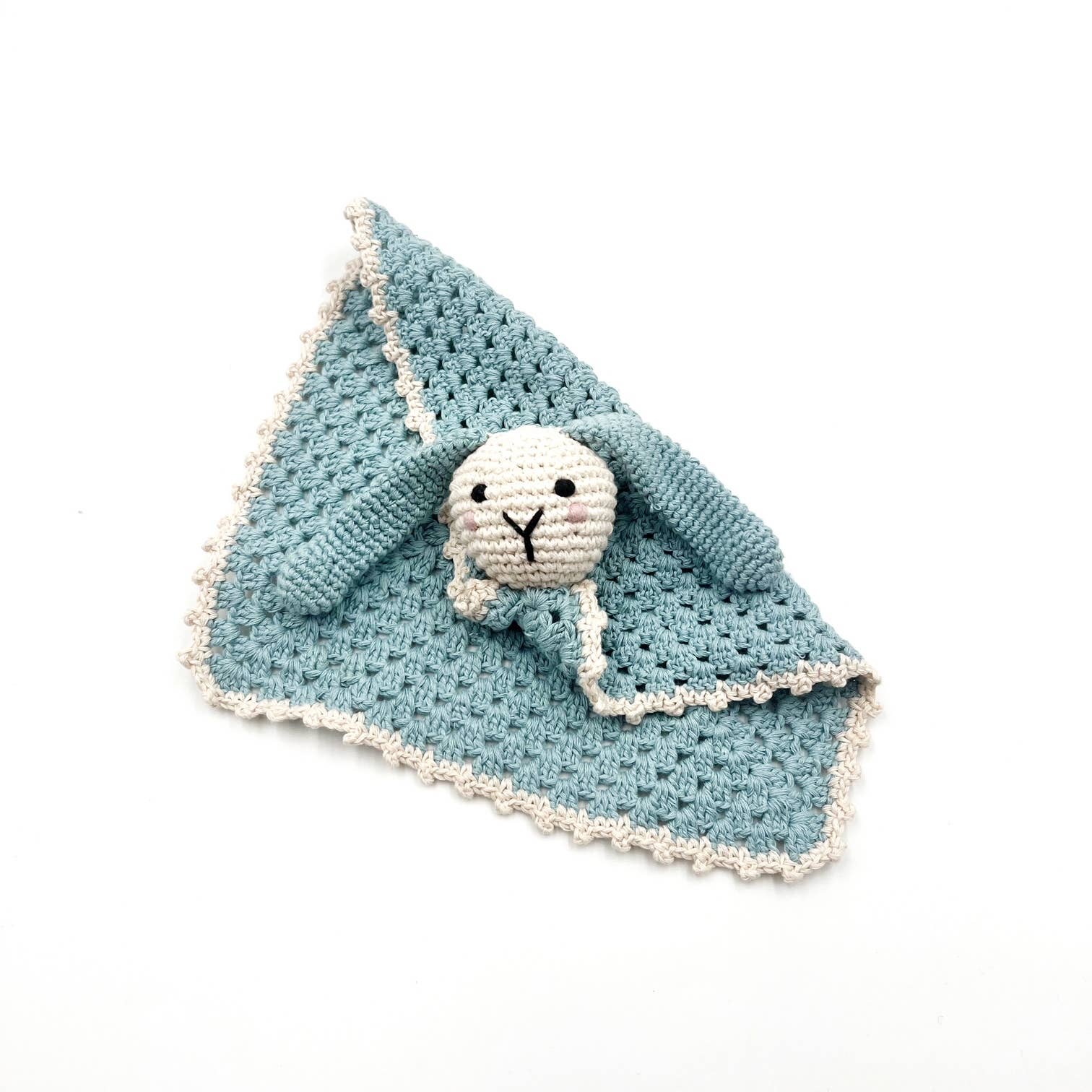 Baby organic bunny lovey worn and cuddled lifestyle view
