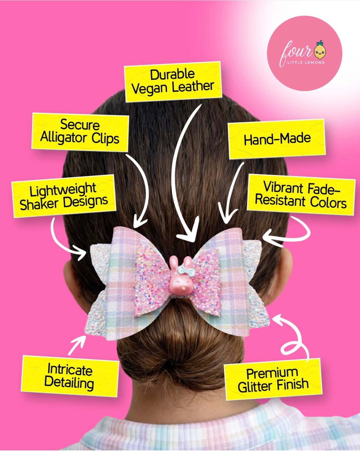 Kids puppy dog charm hair bow in durable vegan leather with non-slip alligator clip