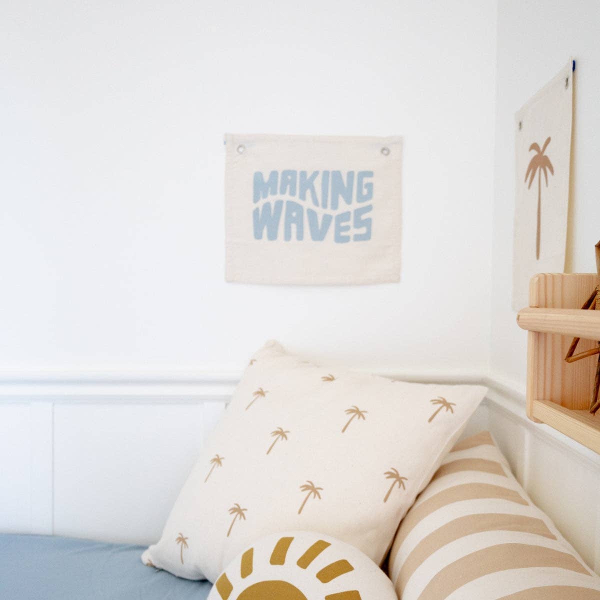 Handmade coastal canvas banner for kids room with Making Waves screen print lifestyle