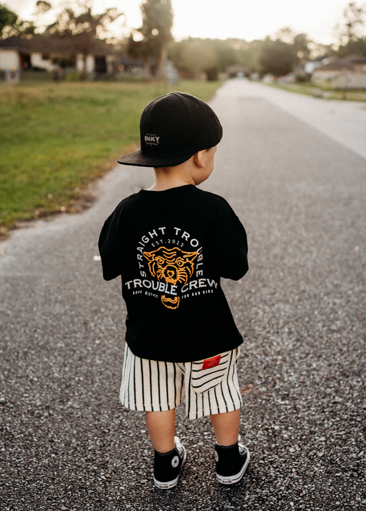 Trouble Crew tee for kids organic cotton bamboo with bold puff print front view