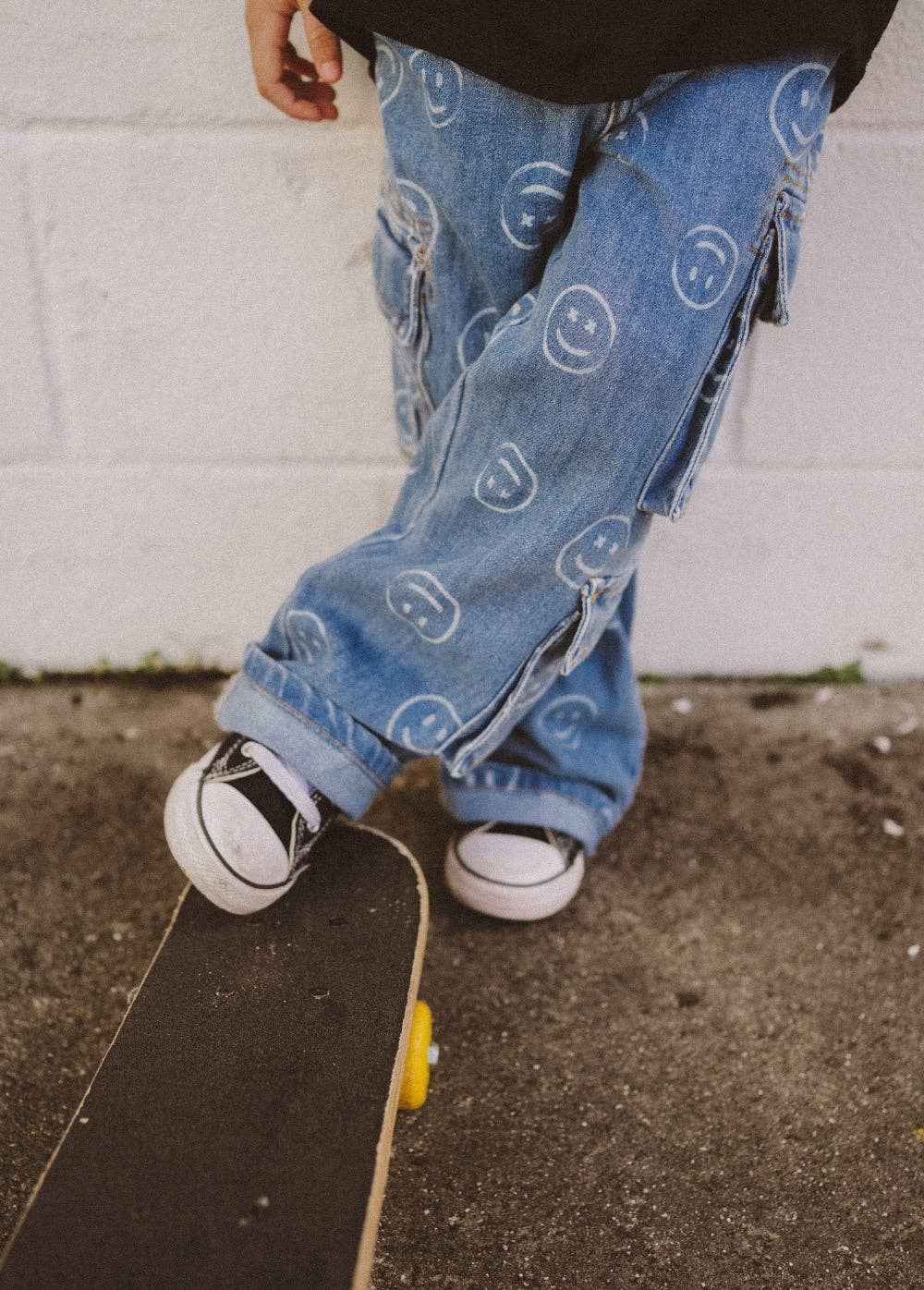 Kids unisex baggy straight leg jeans with custom LT hardware lifestyle view