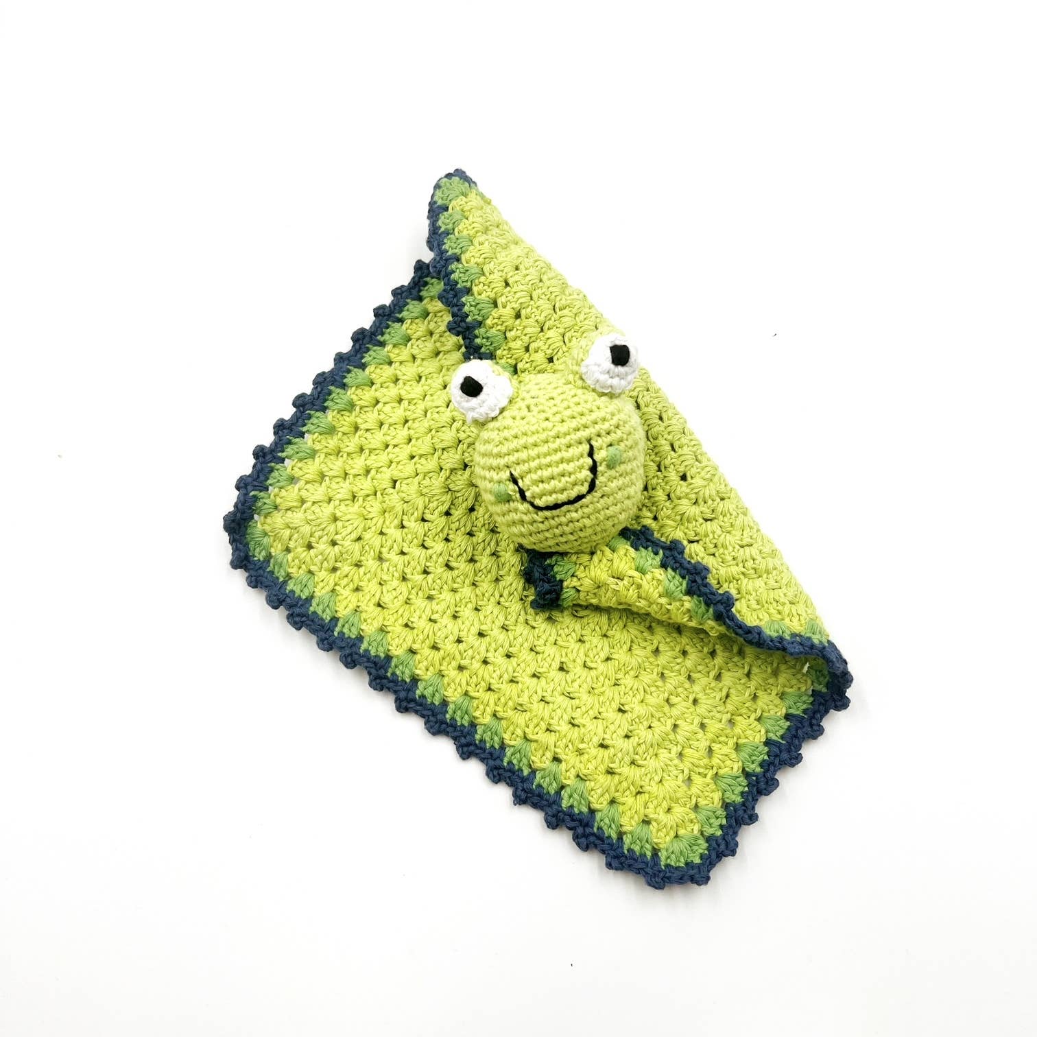 Baby organic frog lovey worn and cuddled lifestyle view