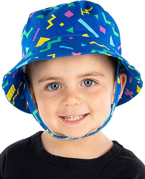 Blue 90s print bucket hat for kids ages 1 to 4 soft summer front view