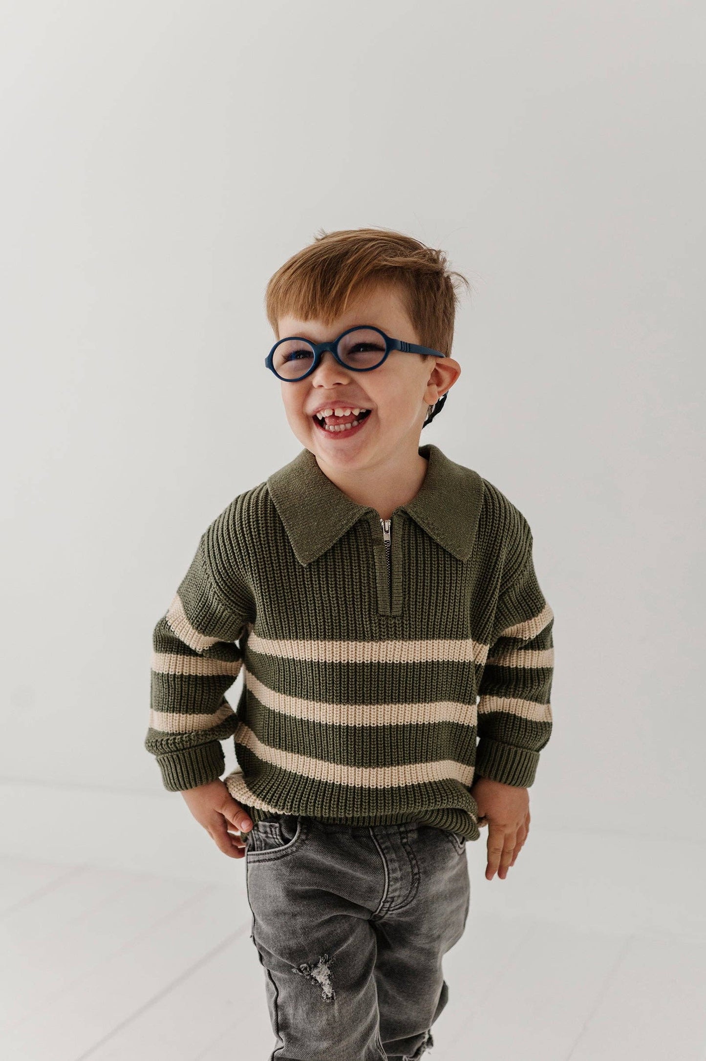 Boys striped quarter zip sweater in moss