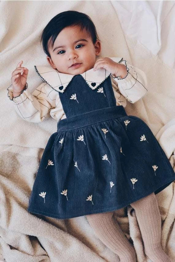 Embroidered cord dress for girls soft corduroy with floral embroidery front view