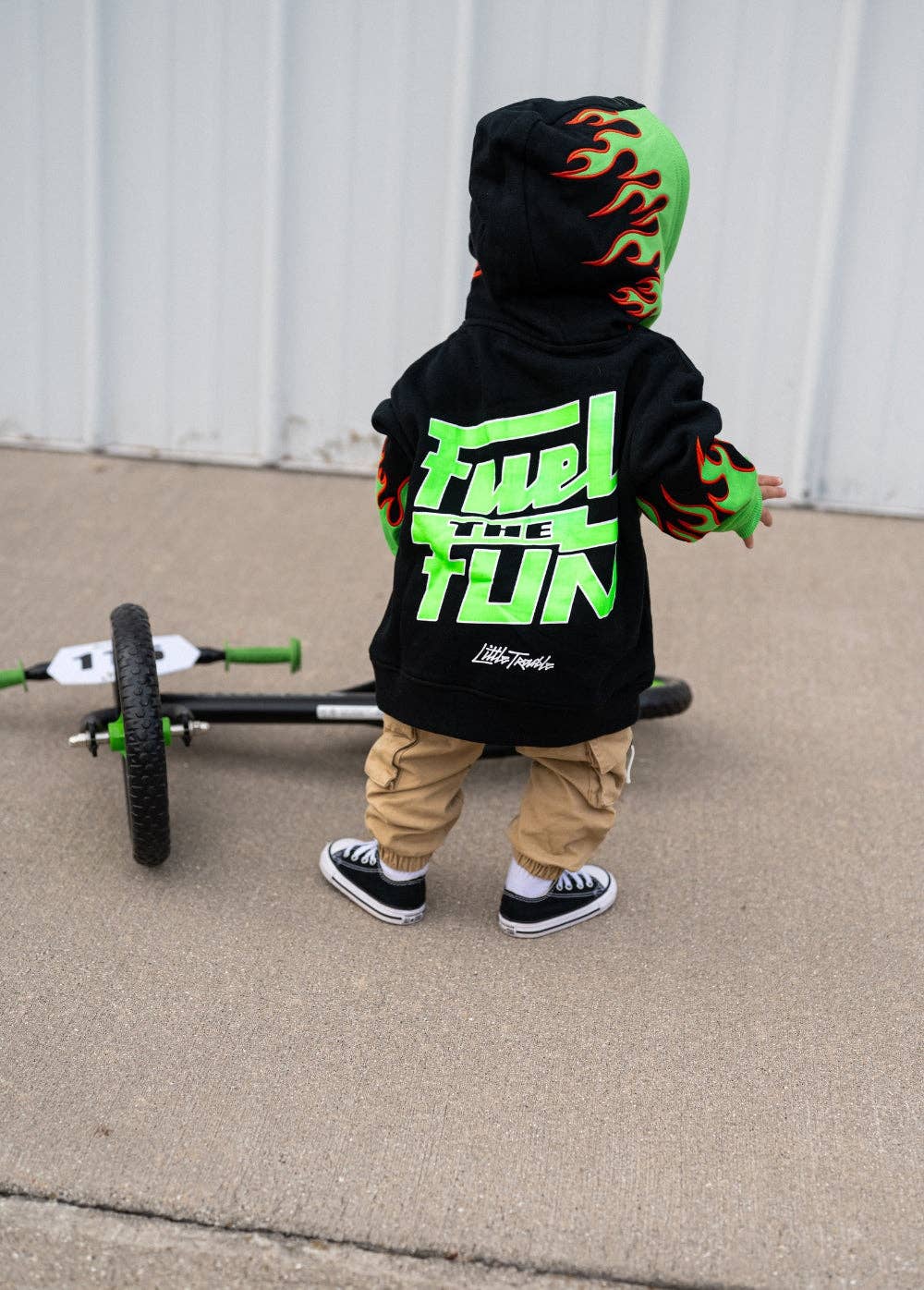 Green flame kids hoodie in premium organic cotton bamboo blend close up detail
