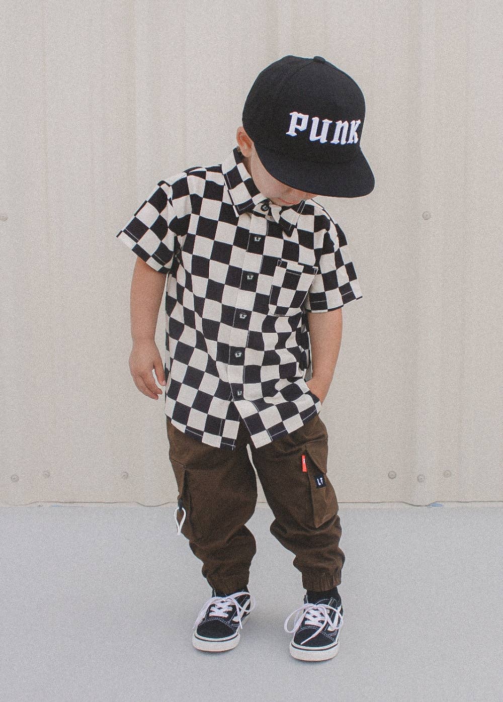 Checker snap button-up shirt for kids classic print soft lightweight fabric front view