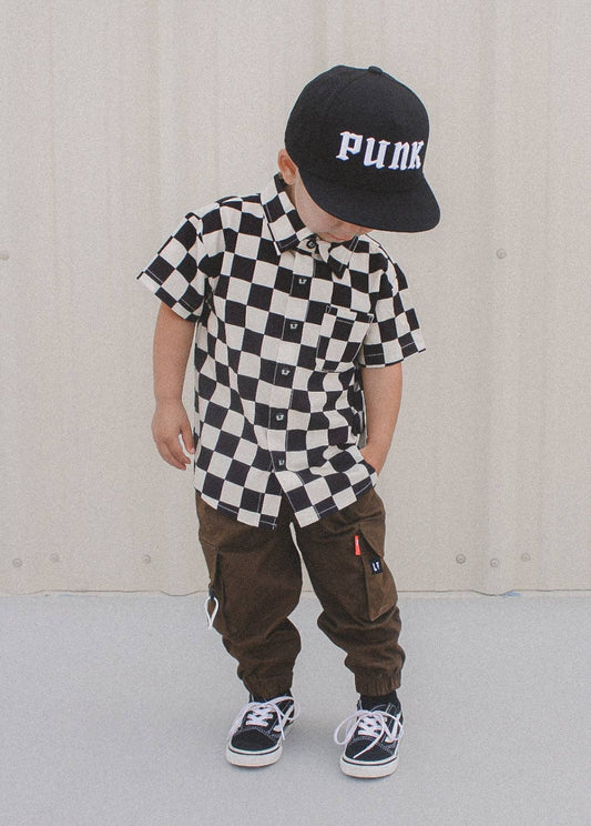 Checker snap button-up shirt for kids classic print soft lightweight fabric front view