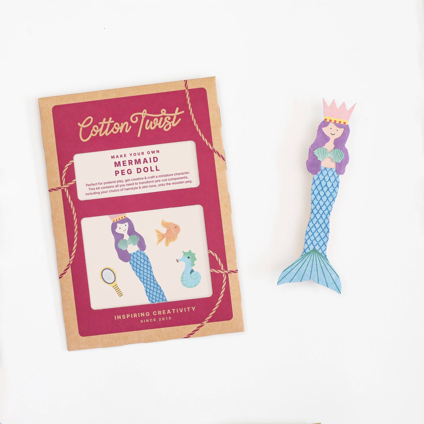 Mermaid peg doll craft kit flat lay product view