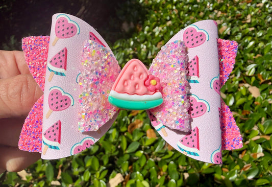 Watermelon hair bow for girls handmade 4 inch vegan leather summer accessory front view