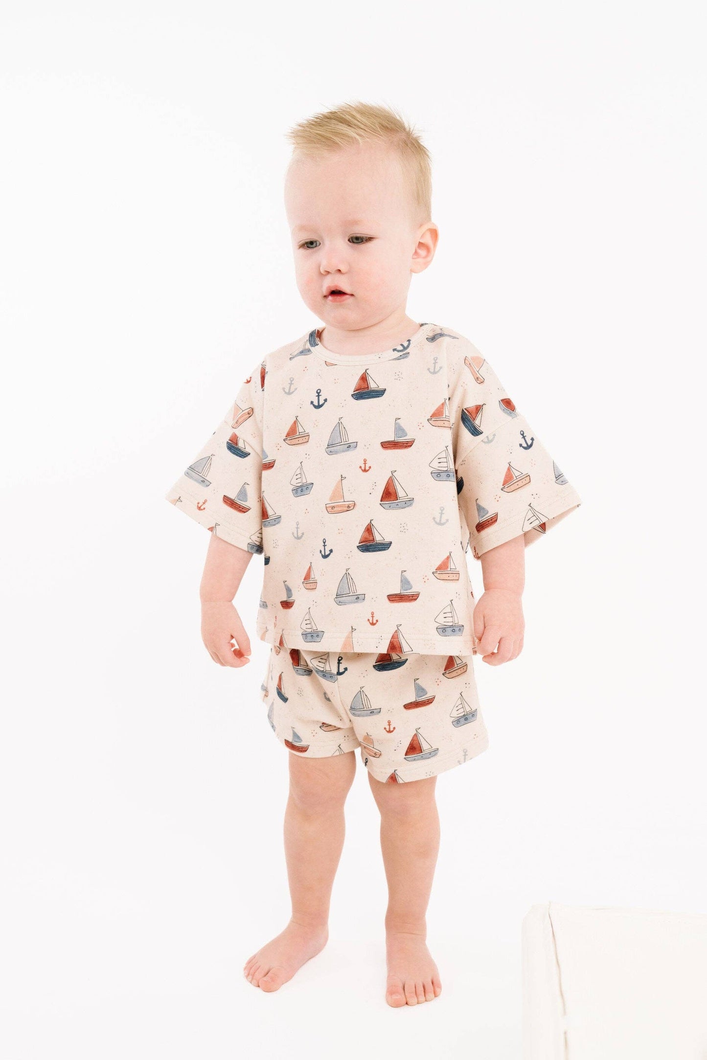 Nautical sail slouchy set for kids in soft cotton two-piece matching outfit front view