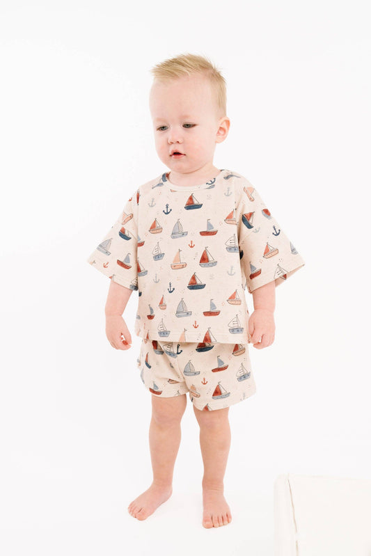 Nautical sail slouchy set for kids in soft cotton two-piece matching outfit front view