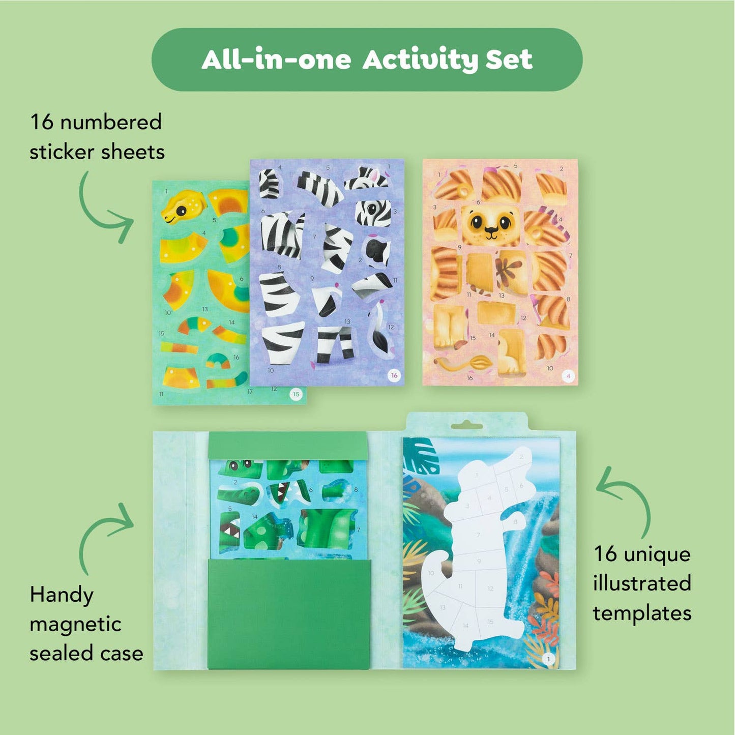 Kids animal sticker by numbers kit contents lifestyle view