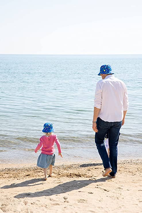Kids blue 90s print bucket hat flat lay product view