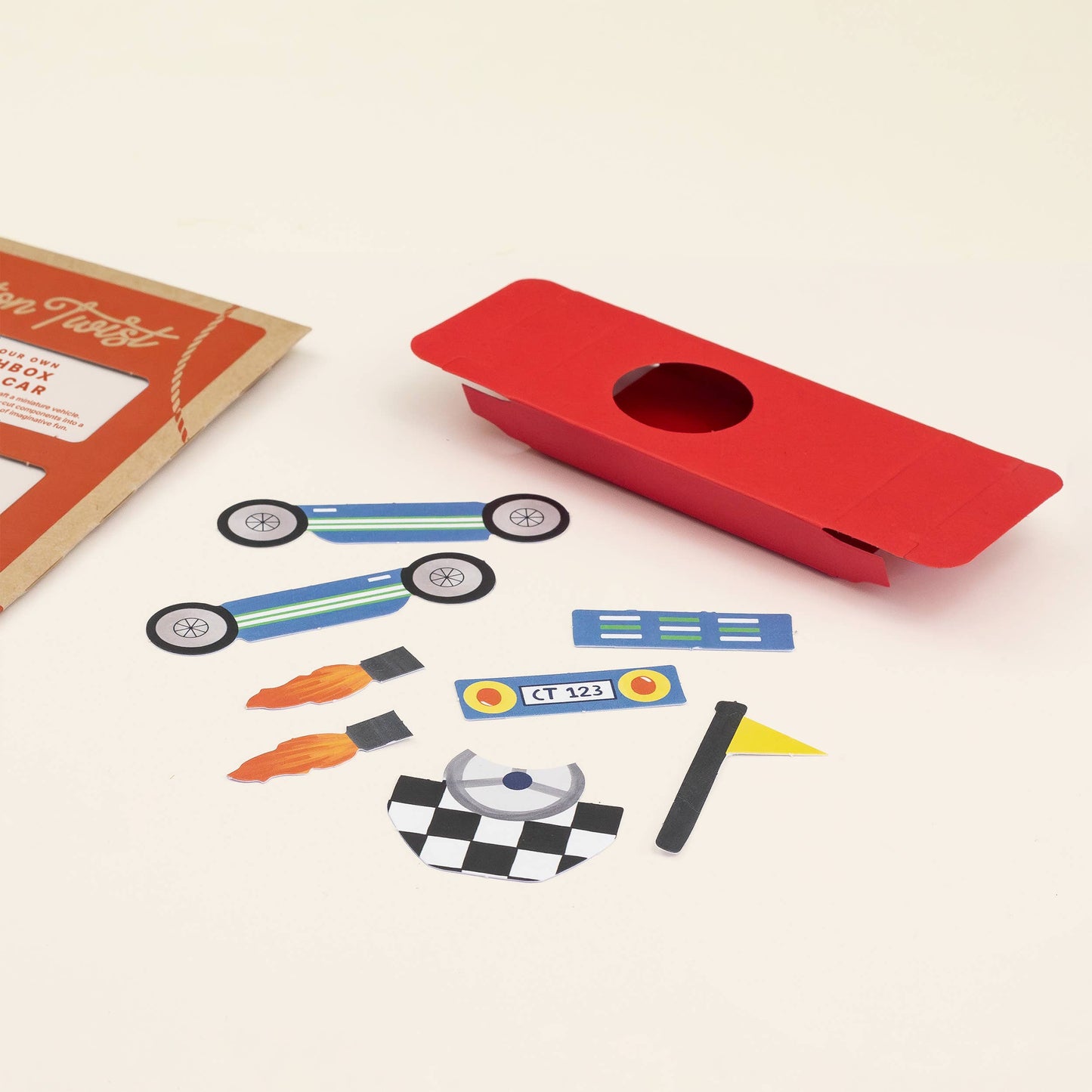 Matchbox racing car craft kit flat lay product view