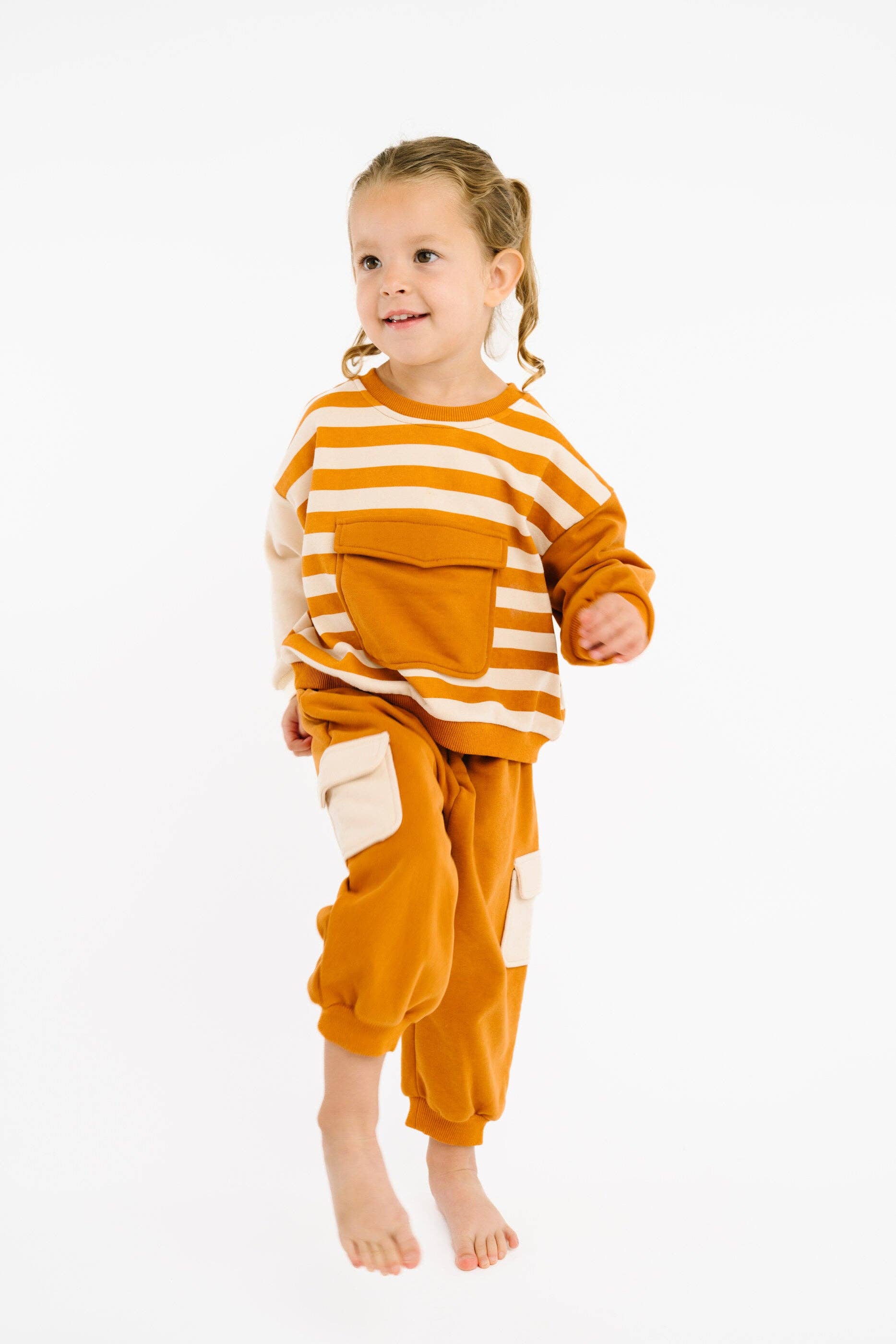 Kids cinnamon retro sweatsuit in soft 95 percent cotton spandex lifestyle view