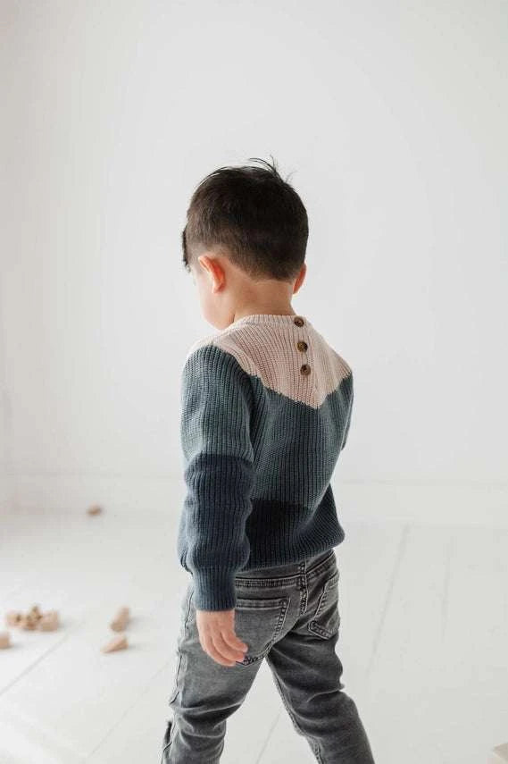 Kids tri-color knit sweater worn lifestyle view